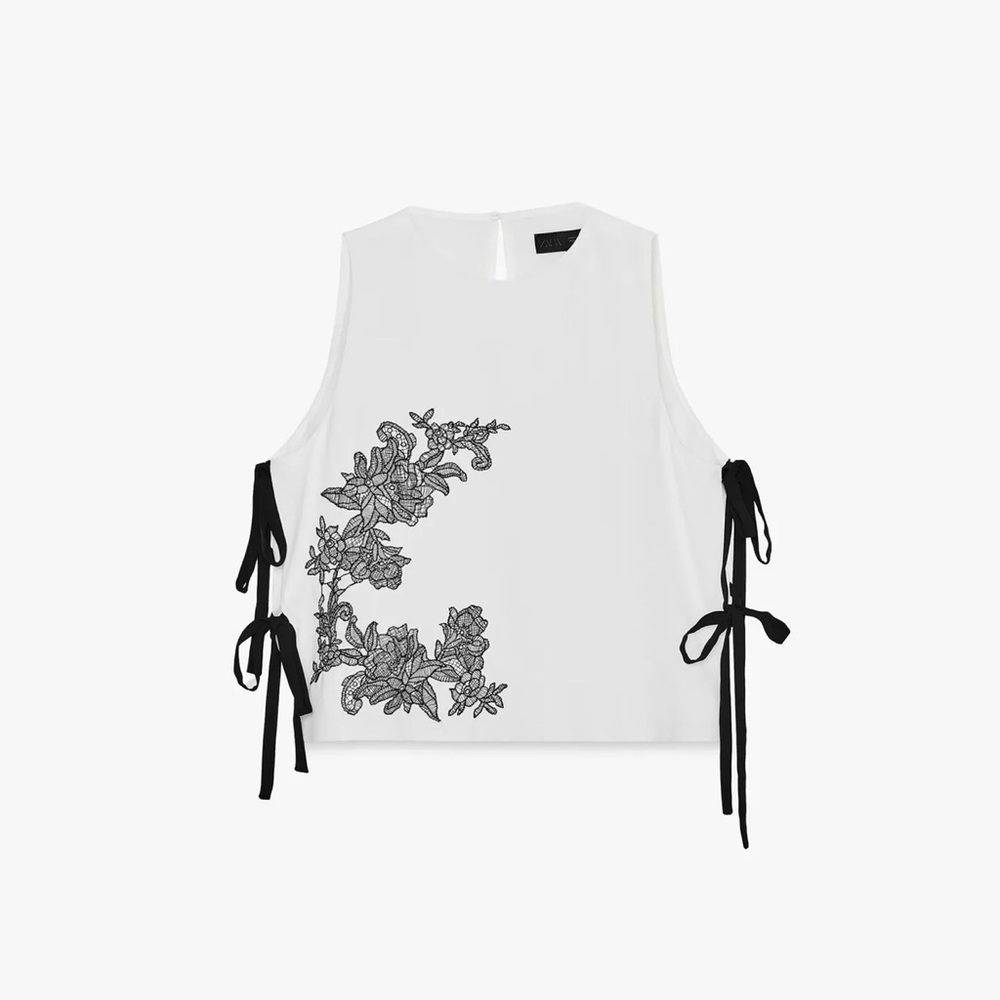 ZARA NWT floral embroidered tie top White Sleeveless Top w Black Floral Design